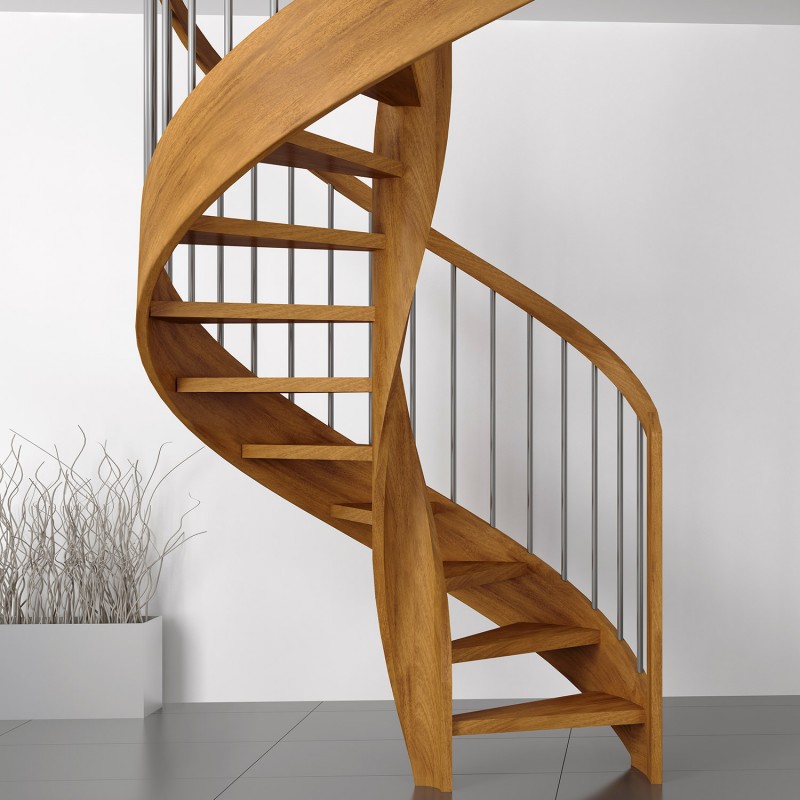 Escalier en colimaçon, ou hélicoïdal en bois et balustres en inox