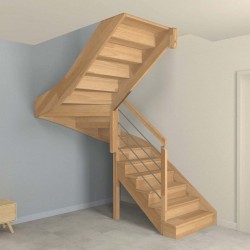 Escalier demi tour à limon crémaillère bois d'un côté et poteaux bois, modèle design avec contremarches