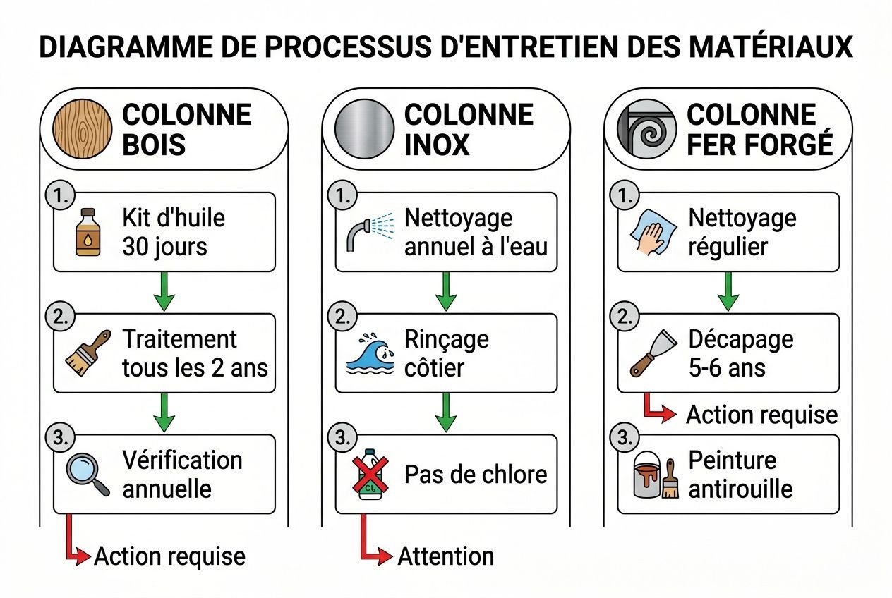 Différence entre garde-corps bois et métal : schéma d’entretien et comparaison des matériaux (bois, inox et fer forgé) pour intérieur et extérieur.