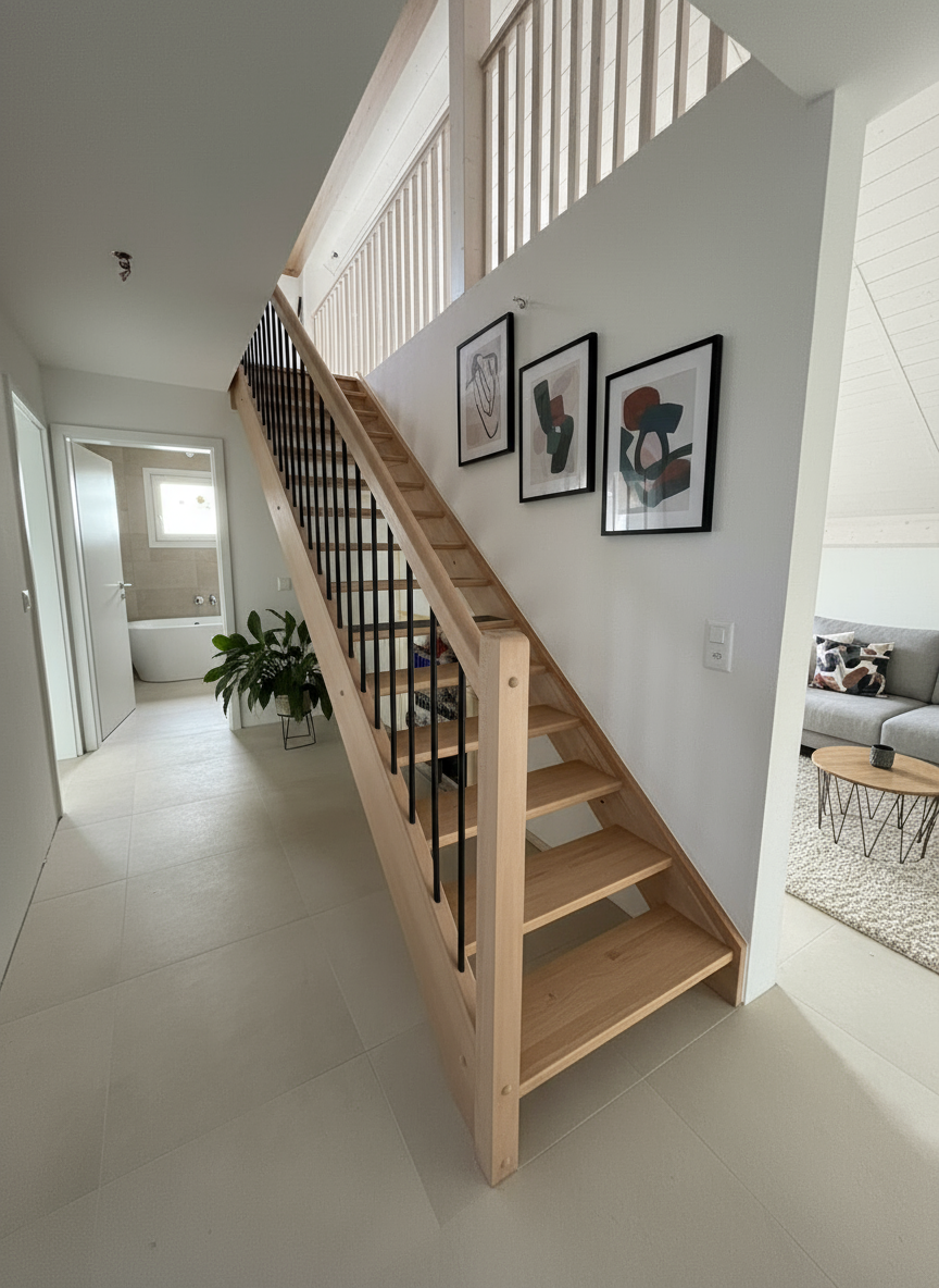 Escalier en bois clair avec contremarches ouvertes et garde-corps noir, intérieur moderne et lumineux. Note: intégration du mot-clé naturel non inclus dans l ALT existant; s'il faut intégrer "garde-corps bois vs métal", propose une version réécrite dans le cadre.
