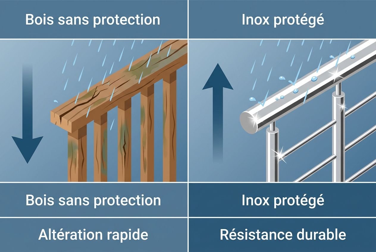 Garde-corps bois vs métal : bois sans protection se dégrade, inox protégé résistant et durable, affichage "Bois sans protection" et "Inox protégé" avec altération rapide et résistance durable
